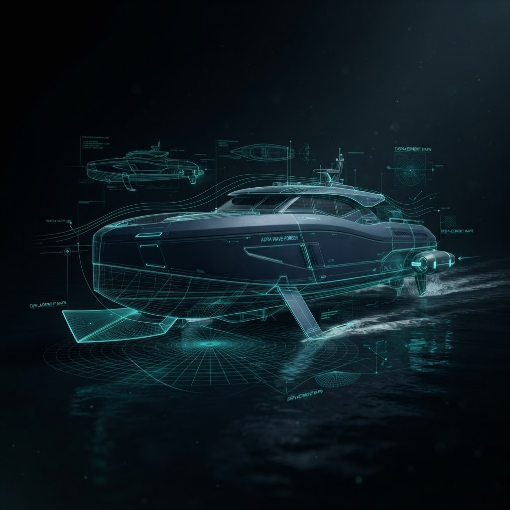 Concept render of PipeRunner, an electric wave-making vessel with glowing blueprint lines